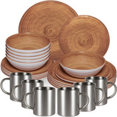 Melamin Geschirr Set Braun für 6 Personen - 24 Teile mit Edelstahl Thermo Tassen Steingutoptik Spülmaschinengeeignet Essgeschirr Zubehör Campinggeschirr Wohnwagen Camping Festival Picknick Gartenparty