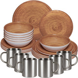 Melamin Geschirr Set Braun für 6 Personen - 24 Teile mit Edelstahl Thermo Tassen Steingutoptik Spülmaschinengeeignet Essgeschirr Zubehör Campinggeschirr Wohnwagen Camping Festival Picknick Gartenparty