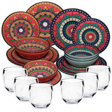 Melamin Geschirr Set Toskana Deep für 6 Personen - 24 Teile Rot-Grün - Mandala-Optik mit klaren Trinkgläsern 400 ml Essgeschirr Campinggeschirr