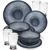 Melamin Geschirr Set Jesolo Grau für 4 Personen - 16 Teile - mit klarem Trinkglas 380ml - aus Acryl Steingutoptik Campinggeschirr