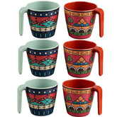 6 Stück Melamin Tassen 350 ml ideal für Camping 6 Personen - Toskana Deep - Stapelbar - Steingutoptik Mandala Trinkbecher Kaffeetasse Kaffeebecher