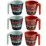 6 Stück Melamin Tassen 350 ml ideal für Camping 6 Personen - Toskana Deep - Stapelbar - Steingutoptik Mandala Trinkbecher Kaffeetasse Kaffeebecher
