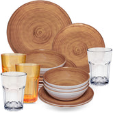 Melamin Geschirr Set Bambi Braun für 4 Personen - 16 Teile mit farblich passenden Trinkgläsern 400 ml aus Acryl Steingutoptik Campinggeschirr