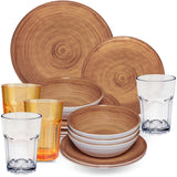 Melamin Geschirr Set Bambi Braun für 4 Personen - 16 Teile mit farblich passenden Trinkgläsern 400 ml aus Acryl Steingutoptik Campinggeschirr