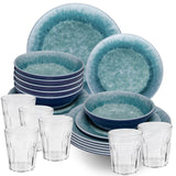 Melamin Geschirr Set Adria Blue für 6 Personen - 24 Teile Blau - mit klarem Trinkglas 250 ml aus Acryl Steingutoptik Campinggeschirr