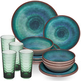 Melamin Geschirr Set Jesolo Grün für 4 Personen - 16 Teile - Trinkglas 260 ml grün - Steingutoptik Spülmaschinengeeignet - Essgeschirr Campingzubehör Campinggeschirr Wohnwagen Camping Gartenparty