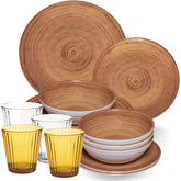 Melamin Geschirr Set Bambi Braun für 4 Personen - 16 Teile mit farblich passenden Trinkgläsern 360 ml aus Acryl Steingutoptik Campinggeschirr