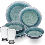 Melamin Geschirr Set Adria Blue für 2 Personen - 8 Teile Blau - mit klarem Trinkglas 380 ml aus Acryl Steingutoptik Campinggeschirr Camping