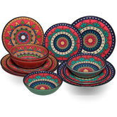 Melamin Geschirr Set Toskana Deep für 4 Personen - 12 Teile - Rot-Grün - Mandala-Optik Campingzubehör Campinggeschirr