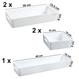 Schubladen Ordnungssystem - 6 cm hoch - 5 Teile in 3 Größen - für 40x40 Schublade Aufbewahrungsbox weiß - Organizer Ordnungsbox Körbchen Box