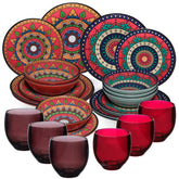 Melamin Geschirr Set Toskana Deep für 6 Personen - 24 Teile Rot-Grün - Mandala-Optik mit farblich passenden Trinkgläsern 400 ml Campinggeschirr