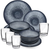 Melamin Geschirr Set Jesolo Grau für 4 Personen - 16 Teile - mit klarem Trinkglas 320ml - aus Acryl Steingutoptik Campinggeschirr