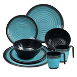 Melamin Camping Geschirr Set für 2 Personen - mit Tellern und Stapel-Tassen - 8 Teile - Blau-Schwarz Steingut Optik Campinggeschirr - Outdoor Tafelgeschirr Wohnwagen Wohnmobil Geschirrset