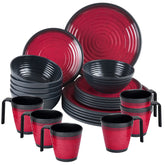 Melamin Camping Geschirr Set für 6 Personen - mit Tellern und Stapeltassen - 24 Teile - Rot-Schwarz | Steingut Optik Campinggeschirr