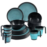 Melamin Geschirr Set 30 Teile elegante Steingut Optik in blau mit Tassen Wasserglas 320ml blau - für 6 Personen Essgeschirr Gläser Wasserglas Tumbler Whiskey Campinggeschirr Picknick Camping Outdoor