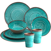 Melamin Geschirr Set für 2 Personen Steingut Optik aqua-grün 8 Teile - mit Tellern und Bechern - Campinggeschirr