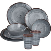 Melamin Geschirr Set für 2 Personen Steingut Optik grau 8 Teile - mit Tellern und Bechern - Campinggeschirr