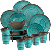 Melamin Geschirr Set für 6 Personen Steingut Optik grün-braun 24 Teile - mit Tellern und Tassen - Campinggeschirr