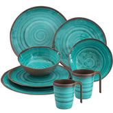 Melamin Geschirr Set für 2 Personen Steingut Optik grün-braun 8 Teile - mit Tellern und Tassen - Campinggeschirr