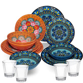 Melamin Geschirr Set Toskana Pastel für 4 Personen - 16 Teile - Orange-Blau - Mandala-Optik mit klaren Trinkgläsern 360 ml aus Acryl Campinggeschirr