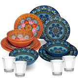 Melamin Geschirr Set Toskana Pastel für 4 Personen - 16 Teile - Orange-Blau - Mandala-Optik mit klaren Trinkgläsern 360 ml aus Acryl Campinggeschirr