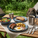 Melamin Geschirr Set Mondgranit Blau-Grau für 4 Personen - 16 Teile - mit Edelstahl Thermo Tassen Steingutoptik Spülmaschinengeeignet Essgeschirr Campingzubehör Campinggeschirr Wohnwagen Camping Festival Picknick Gartenparty