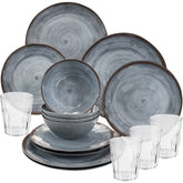 Melamin Geschirrset für 4 Personen - 16 Teile - mit Trinkgläsern klar 250 ml - Campinggeschirr grau Essgeschirr Campinggeschirr