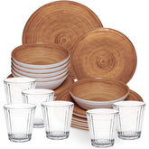 Melamin Geschirr Set Bambi Braun für 6 Personen - 24 Teile mit klaren Trinkgläsern 360 ml aus Acryl Steingutoptik Campinggeschirr