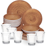 Melamin Geschirr Set Bambi Braun für 6 Personen - 24 Teile mit klaren Trinkgläsern 360 ml aus Acryl Steingutoptik Campinggeschirr