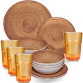 Melamin Geschirr Set Bambi Braun für 4 Personen - 16 Teile mit farblich passenden Trinkgläsern 400 ml aus Acryl Steingutoptik Campinggeschirr