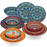 Melamin Geschirr Set Toskana für 4 Personen - 12 Teile - BUNT - mit Edelstahl Thermo Tassen Mandala-Optik Spülmaschinengeeignet Essgeschirr Campingzubehör Campinggeschirr Wohnwagen Camping