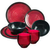 Melamin Geschirr Set für 2 Personen 8 Teile mit Trinkglas rot schwarz Tonoptik - Essgeschirr Acryl Wasserglas - Campinggeschirr