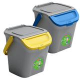 2x Stapelbarer Müllsortierer 28 Liter Grau mit FARBIGEM Faltdeckel 39x37x41 cm Mülleimer Mülltonne Mülltrennsystem Recyclingtonne verschließbarer Deckel