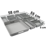 Schminktisch Schubladen Organizer Set - 10 Teile - Ordnungssystem - grau - 5 cm hoch - 55x58 cm Boxen in 3 Größen - Aufbewahrungsbox Box Schubladeneinsatz