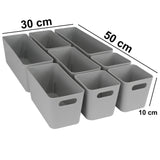 8 Teile Organizer Set - 10 cm hoch - grau - Boxen in 3 Größen - Schubladeneinsatz passend für Schubladen von 30 x 50 cm