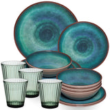 Melamin Geschirr Set Jesolo Grün für 4 Personen - 16 Teile - Trinkglas 360 ml grün - Steingutoptik Spülmaschinengeeignet - Essgeschirr Campingzubehör Campinggeschirr Wohnwagen Camping Gartenparty