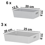 Schubladen Ordnungssystem - 6 cm hoch - 9 Teile - in 2 Größen - für 50x60cm Schublade Aufbewahrungsbox grau - Organizer