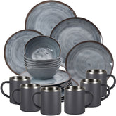 Melamin Geschirr Set Grau für 6 Personen 24 Teile mit Edelstahl Thermo Tassen doppelwandig - Tonoptik Essgeschirr - Campinggeschirr Picknick ideal für Camping modern Outdoor