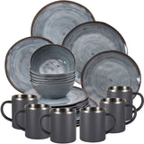 Melamin Geschirr Set Grau für 6 Personen 24 Teile mit Edelstahl Thermo Tassen doppelwandig - Tonoptik Essgeschirr - Campinggeschirr Picknick ideal für Camping modern Outdoor
