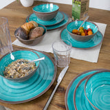 Melamin Geschirr Set Türkis für 4 Personen 16 Teile mit Edelstahl Thermo Tassen doppelwandig - Tonoptik Essgeschirr - Campinggeschirr Picknick ideal für Camping modern Outdoor