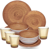 Melamin Geschirr Set Bambi Braun für 4 Personen - 16 Teile mit farblich passenden Trinkgläsern 360 ml aus Acryl Steingutoptik Campinggeschirr