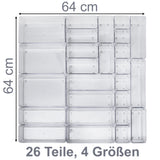 Schubladen Organizer 5,5 cm hoch - 26 Teile 64x64 cm 4 Größen klar transparent Antislip - Organizer für Schminktisch Ordnungssystem Kosmetik Bad Küche Kiste Besteck Aufbewahrungsbox Ordnungsbox Schubladeneinsatz