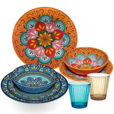 Melamin Geschirr Set Toskana Pastel für 2 Personen - 8 Teile - Orange-Blau - Mandala-Optik mit farblich passenden Trinkgläsern 360 ml aus Acryl Campinggeschirr