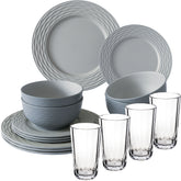 Melamin Geschirrset für 4 Personen - 16 Teile elegante Steingut Optik in Grau - mit klarem Trinkglas 300ml - Campinggeschirr Geschirrset Tafelgeschirr Spülmaschinengeeignet Tableware Outdoor Camping
