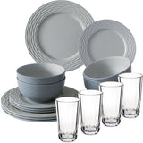 Melamin Geschirrset für 4 Personen - 16 Teile elegante Steingut Optik in Grau - mit klarem Trinkglas 300ml - Campinggeschirr Geschirrset Tafelgeschirr Spülmaschinengeeignet Tableware Outdoor Camping
