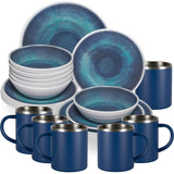 Melamin Geschirr Set Jesolo Blau für 6 Personen 24 Teile - mit Edelstahl Thermo Tassen Steingutoptik Spülmaschinengeeignet Essgeschirr Campingzubehör Campinggeschirr Wohnwagen Camping Festival Picknick