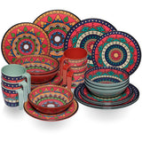 Melamin Geschirr Set Toskana Deep für 6 Personen - 24 Teile - Rot-Grün - Mandala-Optik mit Tassen Essgeschirr Campinggeschirr