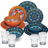 Melamin Geschirr Set Toskana Pastel für 4 Personen - 16 Teile - Orange-Blau - Mandala-Optik mit klaren Trinkgläsern 400 ml aus Acryl Campinggeschirr