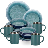 Melamin Geschirr Set Adria Blue für 4 Personen - 16 Teile Blau - mit Edelstahl Thermo Tassen Steingutoptik Essgeschirr Campingzubehör Campinggeschirr Wohnwagen Camping Festival Picknick Gartenparty