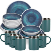 Melamin Geschirr Set Jesolo Blau für 6 Personen 24 Teile - mit Edelstahl Thermo Tassen Steingutoptik Spülmaschinengeeignet Essgeschirr Campingzubehör Campinggeschirr Wohnwagen Camping Festival Picknick